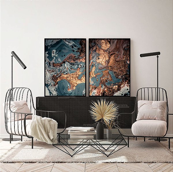 Conjunto com 02 quadros decorativos Abstrato Marrom, Azul e Cobre