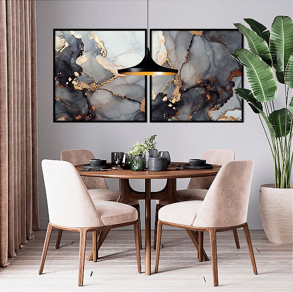 Conjunto com 02 quadros decorativos Abstrato Preto Cobre Dourado 70x70cm (LxA) Moldura cor Preto