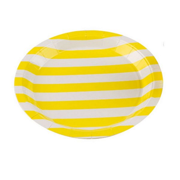 Prato Papel Biodegradável Listrado Amarelo - 10 un -  18 cm -Silver Festas