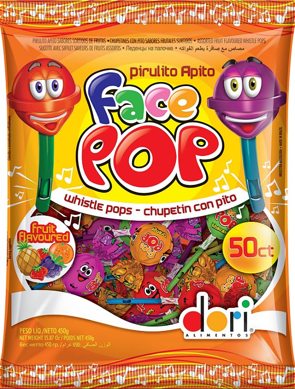 Pirulito Apito Face Pop Sabor Frutas 450g - Dori Alimentos - Rizzo