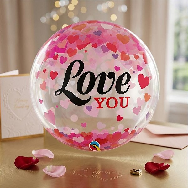 Balão de Festa Bubble 22" 56cm - Love You Coração - 01 Unidade - Qualatex - Rizzo
