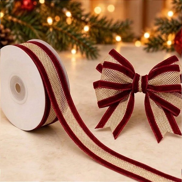 Fita Aramada Telada Marsala e Ouro 6,3cm x 9,14m - 01 unidade - Cromus Natal - Rizzo Embalagens