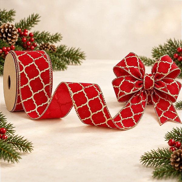Fita Colmeia Vinho/Ouro 6,3cm - 01 unidade 9,14m - Cromus Natal - Rizzo