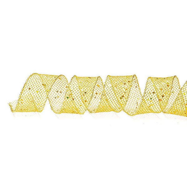 Fita Aramada Telada Ouro com Brilhos 3,8cm x 9,14m - 01 unidade - Cromus Natal - Rizzo