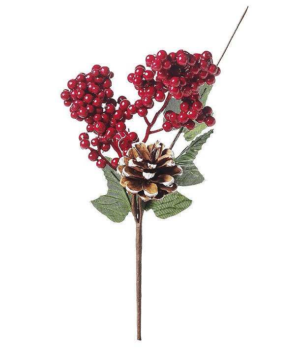 Pick Galho Decorativo - Frutas Nevadas e Pínha - 25cm - 01 unidade - Cromus Natal - Rizzo