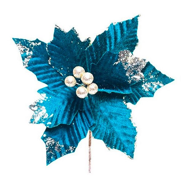 Flor Cabo Curto Poinsettia Azul com Glitter Nude 20cm - 01 unidade - Cromus Natal - Rizzo Confeitaria