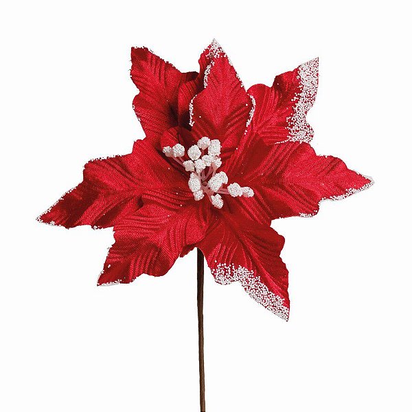 Flor Cabo Médio Poinsettia Vermelho com Branco 35cm - 01 unidade - Cromus Natal - Rizzo