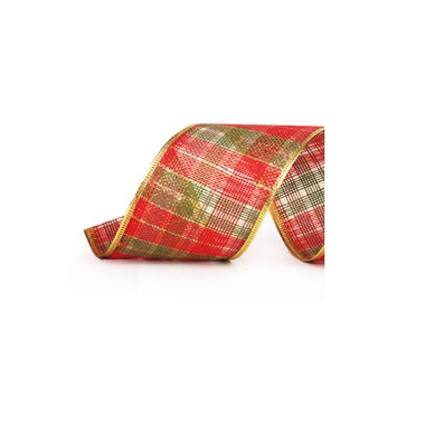 Fita Aramada Xadrez Vermelho e Verde c/ borda dourada - 3,8cm x 914cm - 01 unidade - Cromus Natal - Rizzo