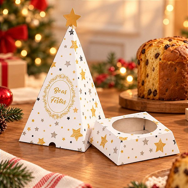Caixa Arvore Panetone Estrelas Natal 03 Unidades Decora Doces Rizzo