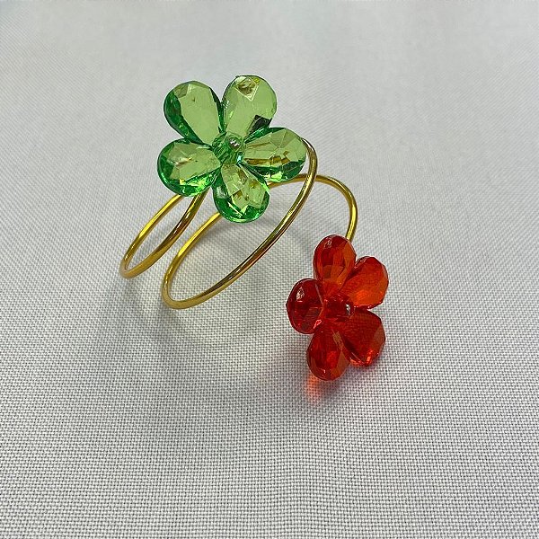 Porta Guardanapo Aramado Arame Dourado com Flor Vermelha e Verde 01 Unidade Rizzo