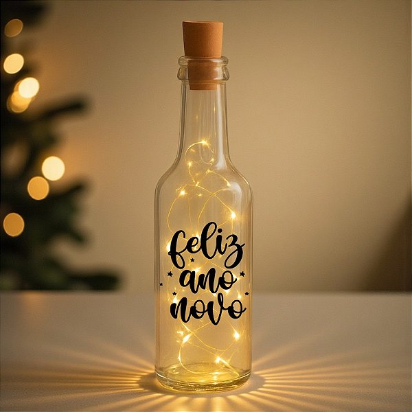 Garrafa Long Neck de Vidro com Rolha Led Feliz Ano Novo - 01 Unidade - Rizzo