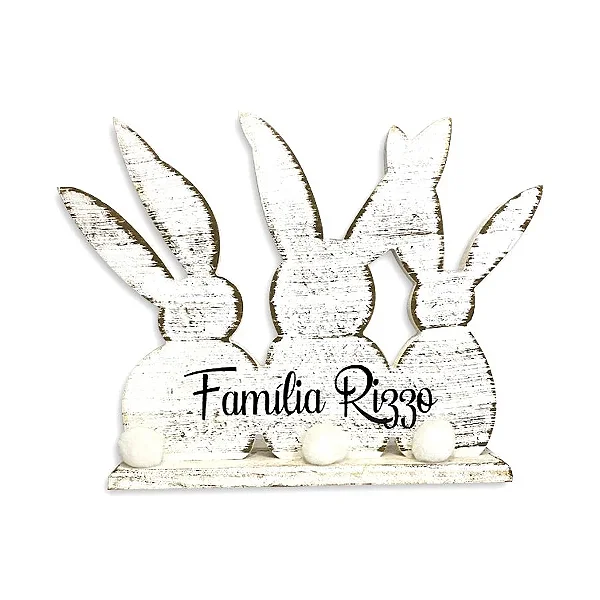 Trio de Coelhos de MDF Rústico Branco com Pompom Personalizado - 01 unidade - Páscoa - Rizzo
