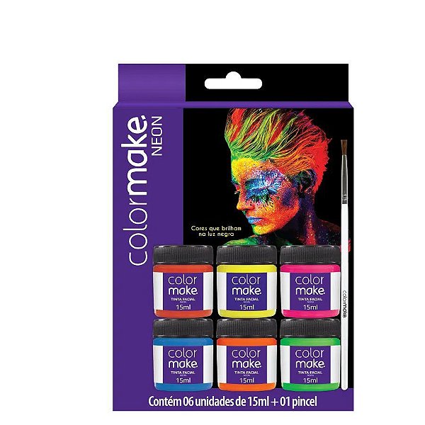 Tinta Facial Líquida 15 mL Neon Cartela de 6 Cores + 01 Pincel - 1 unidade Pct. c/ 6 unds. - ColorMake - Rizzo