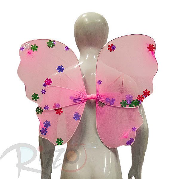 Adereço de Carnaval - Asa Borboleta aplique flores - Rosa  - Mod:175 - 01 unidade - Rizzo