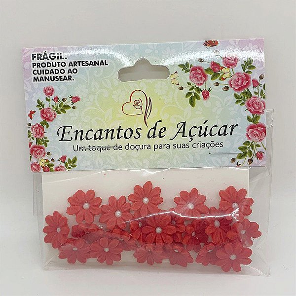 Confeito de Açúcar Flor Margarida Vermelho M - 20 Unidades - Encantos de Açúcar - Rizzo