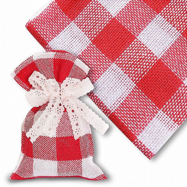 Saco Juta - 60Cmx90cm - Xadrez Branco/Vermelho - 1 unidade - Halley Fitas - Rizzo Confeitaria