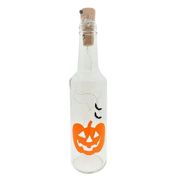 Garrafa Long Neck de Vidro com Rolha LED - Abóbora Halloween - 01 unidade - Rizzo