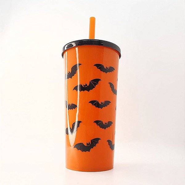 Copo com Tampa e Canudo 600 mL - Morcegos Halloween - Laranja e Preto - 1 unidade - Rizzo
