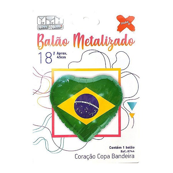 Balão Coração Metalizado Micro Foil 18" - Festa Brasil Bandeira - Ref. 8744 - 1 unidade