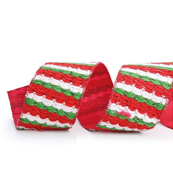 Fita Aramada - "Listrada Branco, Verde, Vermelho" - Cromus Natal - 1 unidade - Rizzo Confeitaria