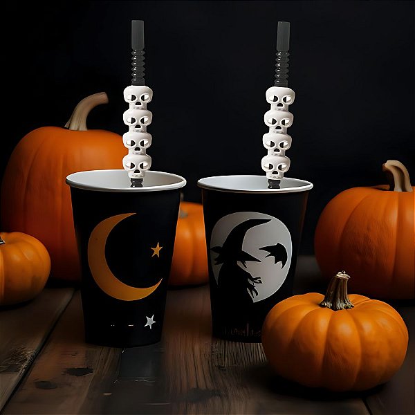 Canudo Decorativo Caveira de Halloween Preto - 5 unidades - Rizzo