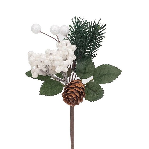 Pick Decorativo de Natal - Galho Folhas e Frutas Branco e Marrom - 14cm  - 1 unidade - Cromus - Rizzo