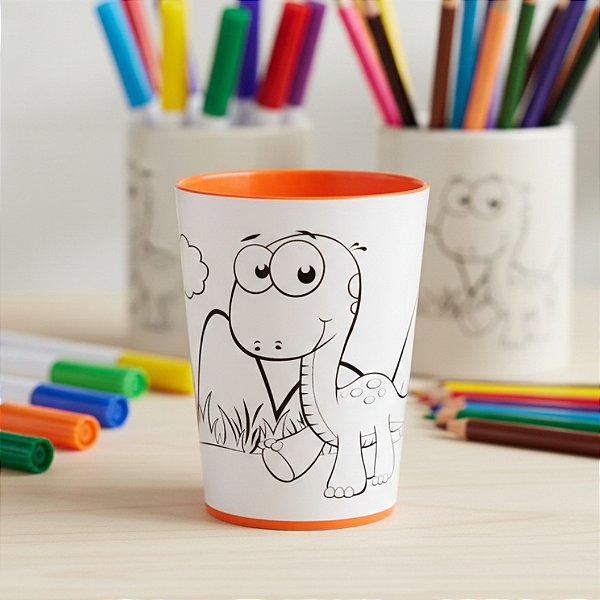 Copo para Colorir Color Cup Dinossauro - Laranja - 10cm - 1 unidade - Rizzo