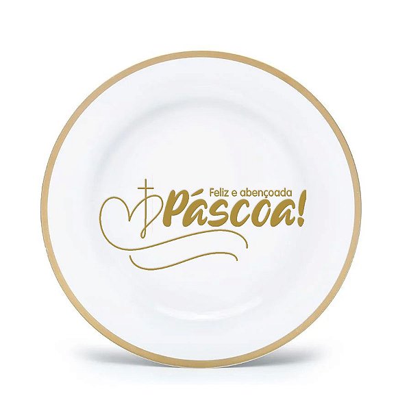 Sousplat Branco c/ Borda Dourada Páscoa Abençoada - 33 cm - 1 unidade - Rizzo