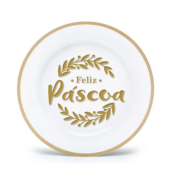 Sousplat Branco c/ Borda Dourada Feliz Páscoa - 33 cm - 1 unidade - Rizzo
