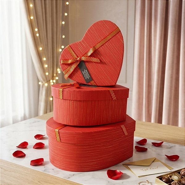 Kit Caixa Papel Rígido Coração Vermelho com Laço - 3 unidades - Rizzo