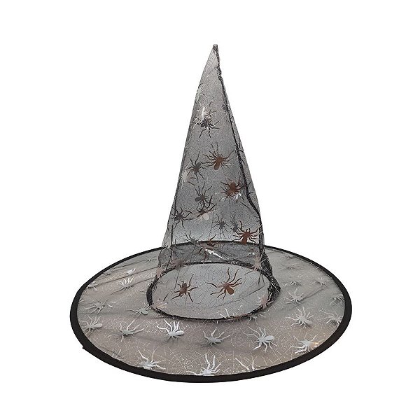 Chapéu de Bruxa Transparente Preto - Aranha Prata - Halloween - 1 unidade - Rizzo
