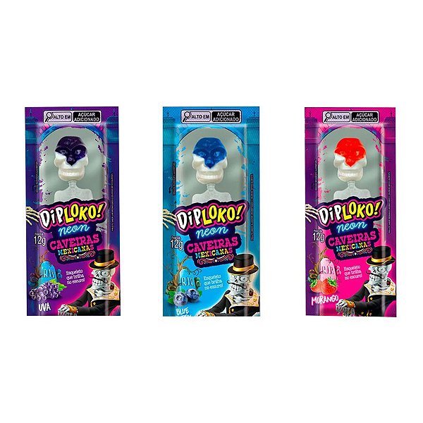 Pirulito Neon Dip Loko Caveira Mexicana - Sortido - 1 unidade - Rizzo