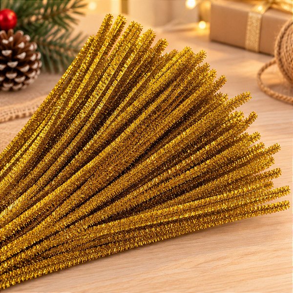 Haste de Chenille Glitter 30cm - Dourado - 100 unidades - Rizzo