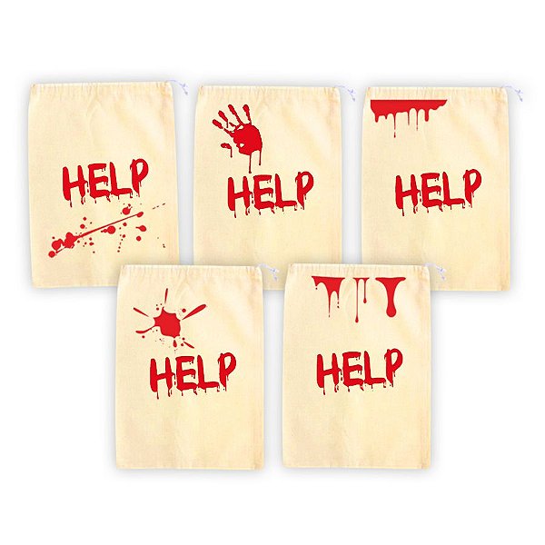 Kit Saco de Algodão Cru com Estampa Halloween - Help Mod.1 - 13x20cm - 5 unidades - Rizzo