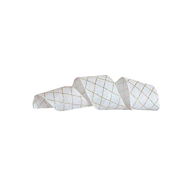 Fita Decorativa de Natal Aramada - Branco e Dourado - 6,5cmx9,14m - 1 unidade - Rizzo