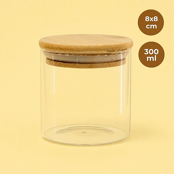 Pote de Vidro Hermético com Tampa de Bambu - 8x8cm - 300ml - 1 unidade - Rizzo