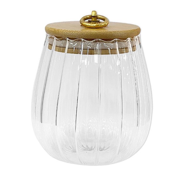 Pote de Vidro Bojudo Canelado Hermético com Tampa de Bambu e Detalhe Dourado - 10x9cm - 620ml - 1 unidade - Rizzo