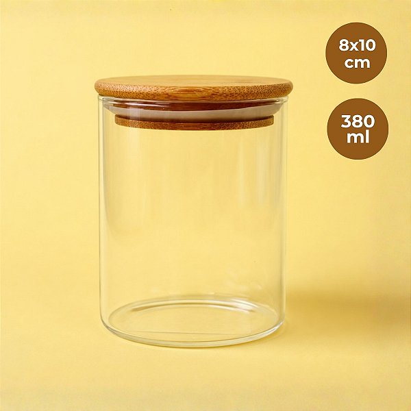 Pote de Vidro Hermético com Tampa de Bambu - 8x10cm - 380ml - 1 unidade - Rizzo
