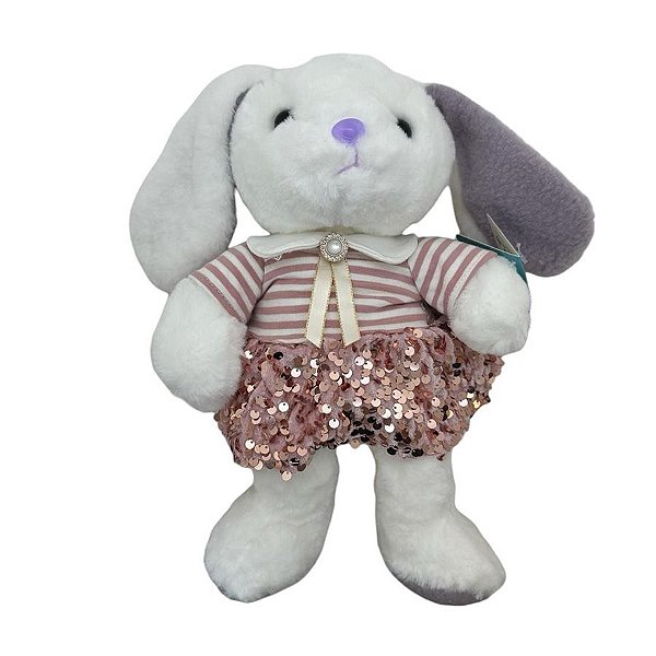 Coelha de Pelúcia Branco e Roxo com Saia Rosa- 33cm - 1 unidade - Rizzo
