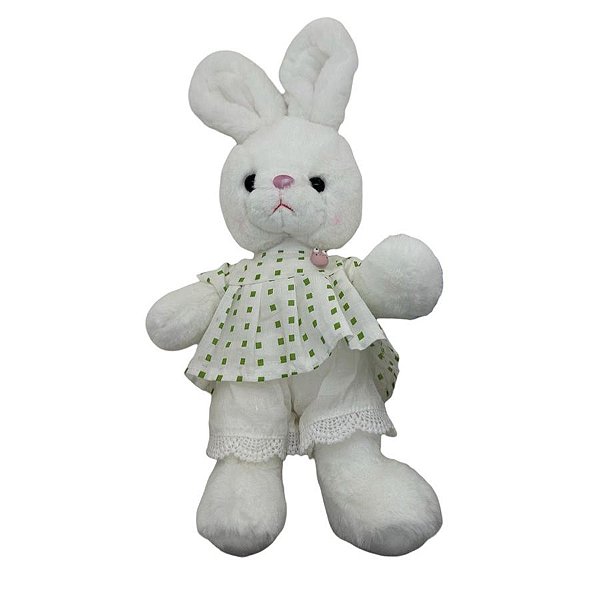 Coelha de Pelúcia com Vestido de Quadrados Verdes - 38cm - 1 unidade - Rizzo