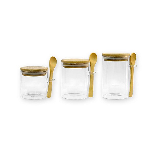 Kit 3 Potes de Vidro com Tampa e Colher Bambu - Rizzo