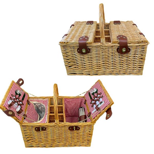 Kit Cesta de Pic Nic 2 serviços - 13 peças e Porta Garrafas embutidos - 25x48x34cm - 1 unidade - Rizzo