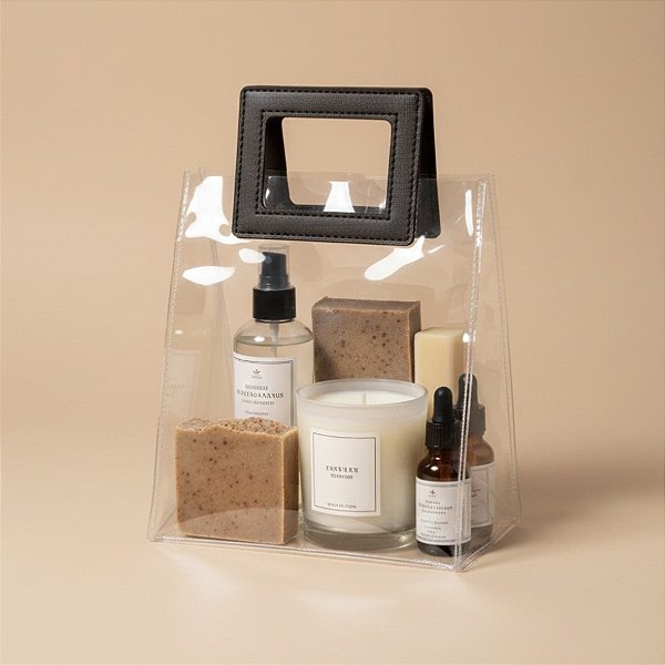 Sacola Transparente PVC com Alça Quadrada de Couro Preto - 20x18x10cm - 1 unidade - Rizzo