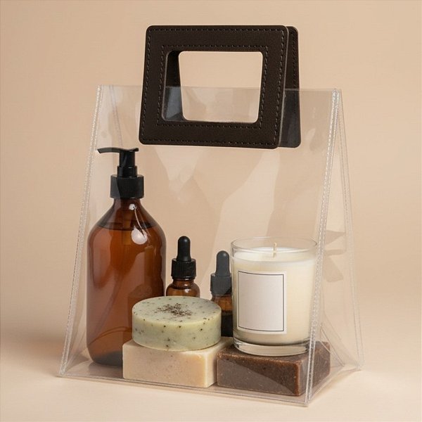 Sacola Transparente PVC com Alça Quadrada de Couro Preto - 26x22x12cm - 1 unidade - Rizzo