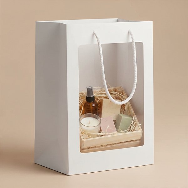 Sacola de Papel com visor de PVC 30x20x16cm - Retangular Vertical - Branca - 1 unidade - Rizzo