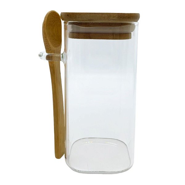 Pote de Vidro Hermético com Tampa e Colher de Bambu - 12x6cm - 300ml - 1 unidade - Rizzo