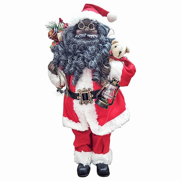 Papai Noel Negro Decorativo em Pé com Saco de Presentes e Lamparina - 45cm - 1 unidade - Rizzo