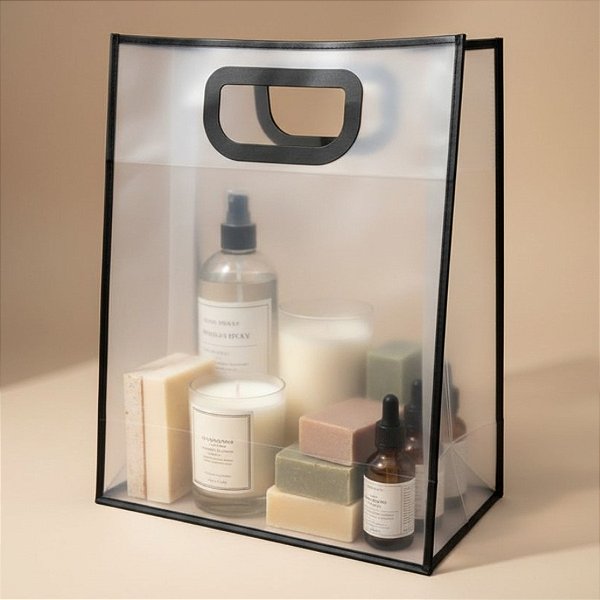 Sacola Transparente PVC com Alça - Preto - 40x30x12cm - 1 unidade - Rizzo
