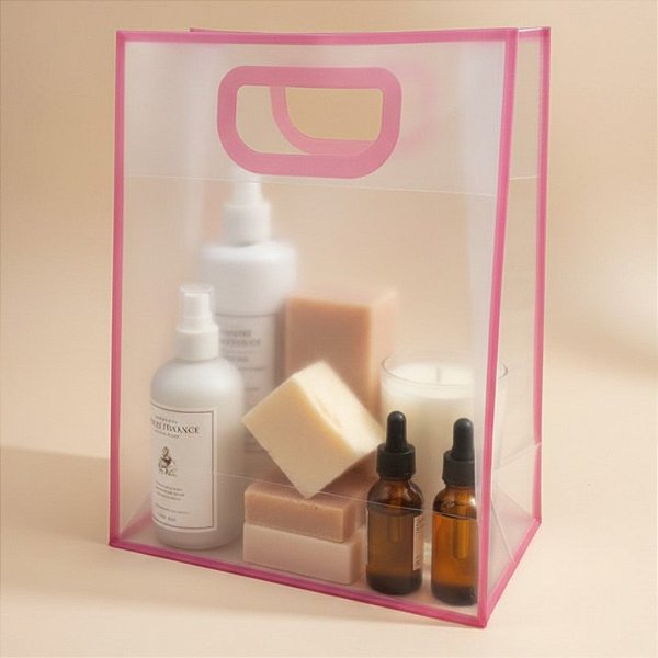 Sacola Transparente PVC com Alça - Rosa - 25x30x15cm - 1 unidade - Rizzo
