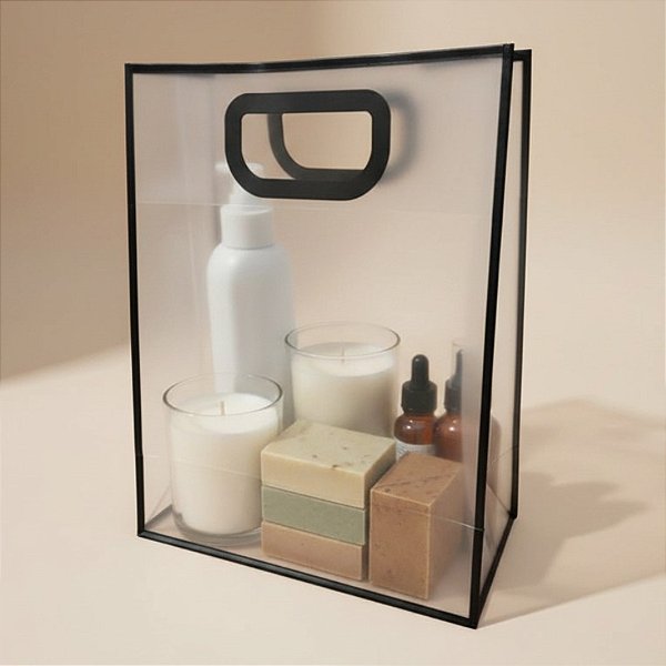 Sacola Transparente PVC com Alça - Preto - 21x27x11cm - 1 unidade - Rizzo